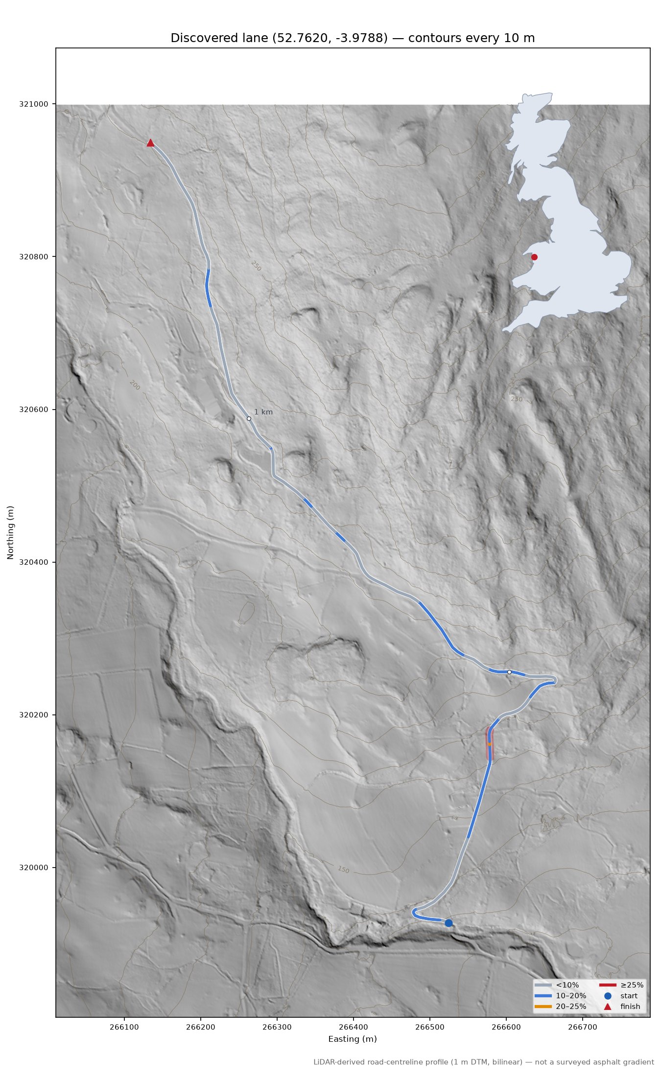 Discovered lane (52.7620, -3.9788) LiDAR hillshade map with contours