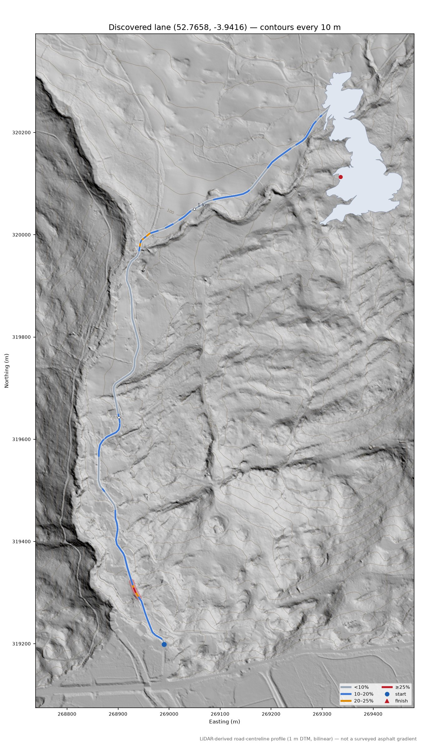 Discovered lane (52.7658, -3.9416) LiDAR hillshade map with contours