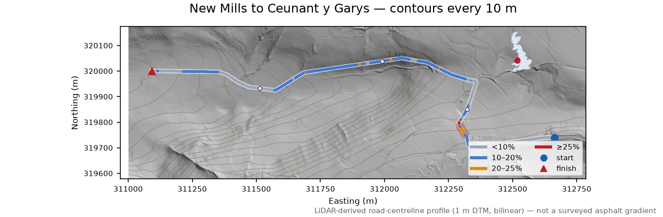 New Mills to Ceunant y Garys LiDAR hillshade map with contours