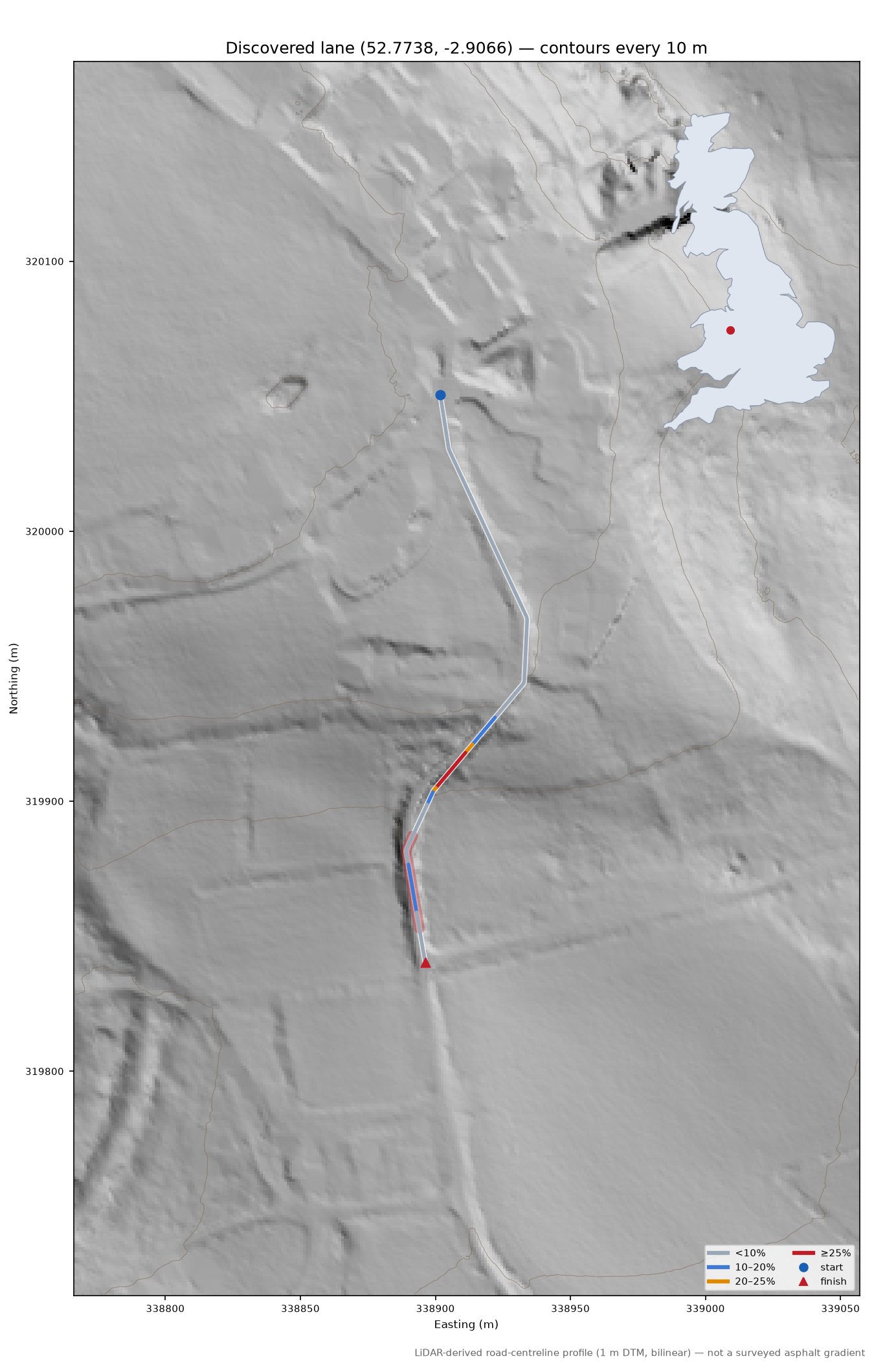 Discovered lane (52.7738, -2.9066) LiDAR hillshade map with contours