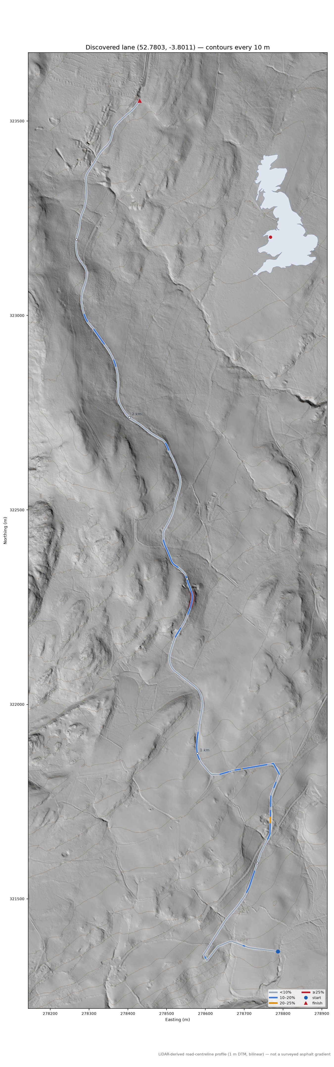 Discovered lane (52.7803, -3.8011) LiDAR hillshade map with contours
