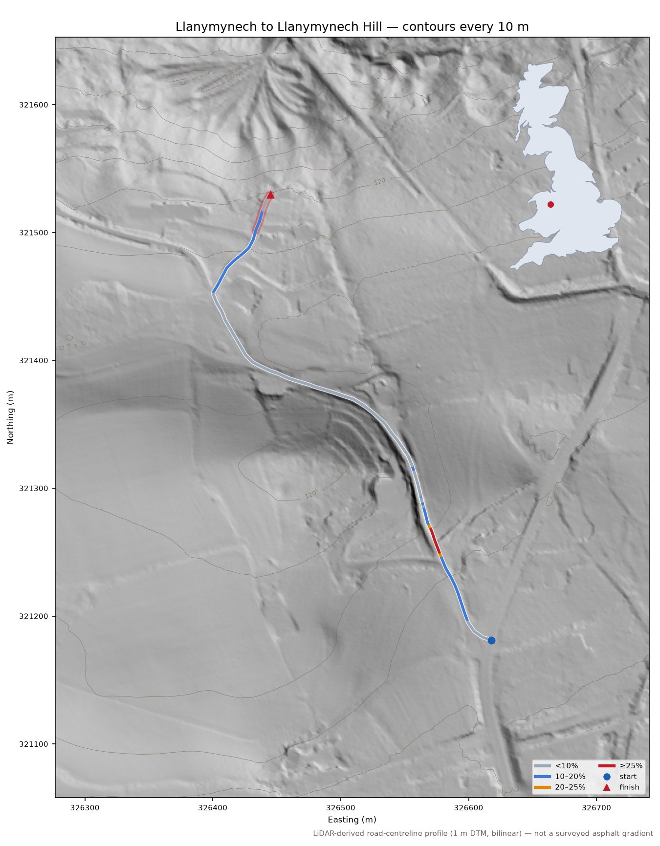 Llanymynech to Llanymynech Hill LiDAR hillshade map with contours