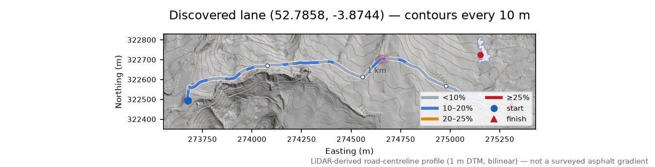 Discovered lane (52.7858, -3.8744) LiDAR hillshade map with contours