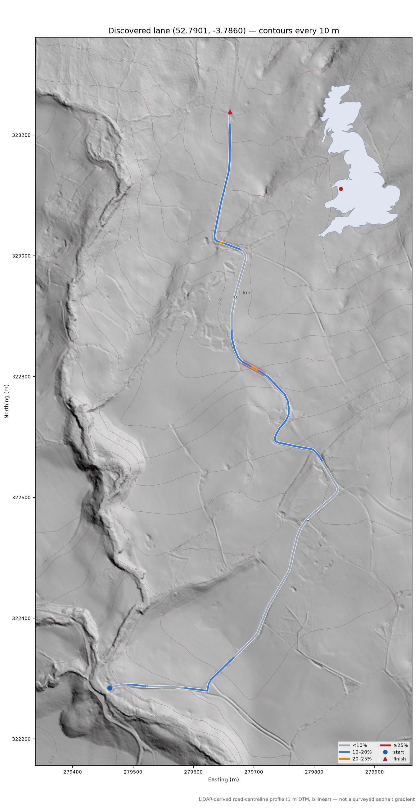 Discovered lane (52.7901, -3.7860) LiDAR hillshade map with contours