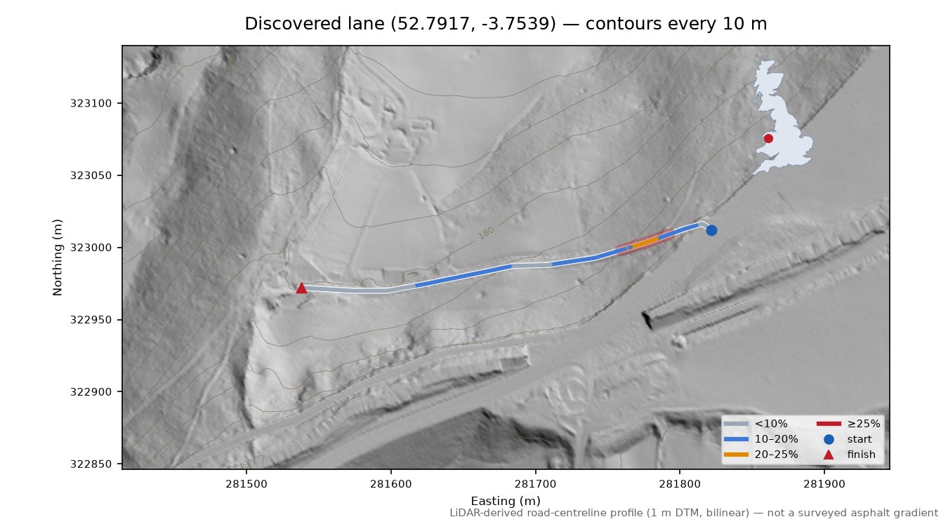 Discovered lane (52.7917, -3.7539) LiDAR hillshade map with contours