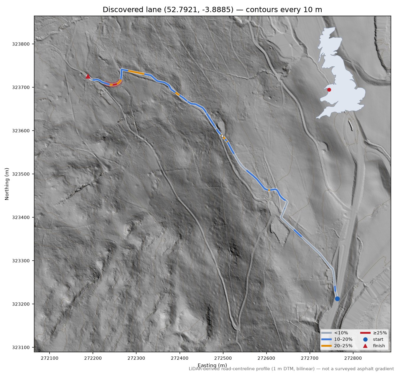 Discovered lane (52.7921, -3.8885) LiDAR hillshade map with contours