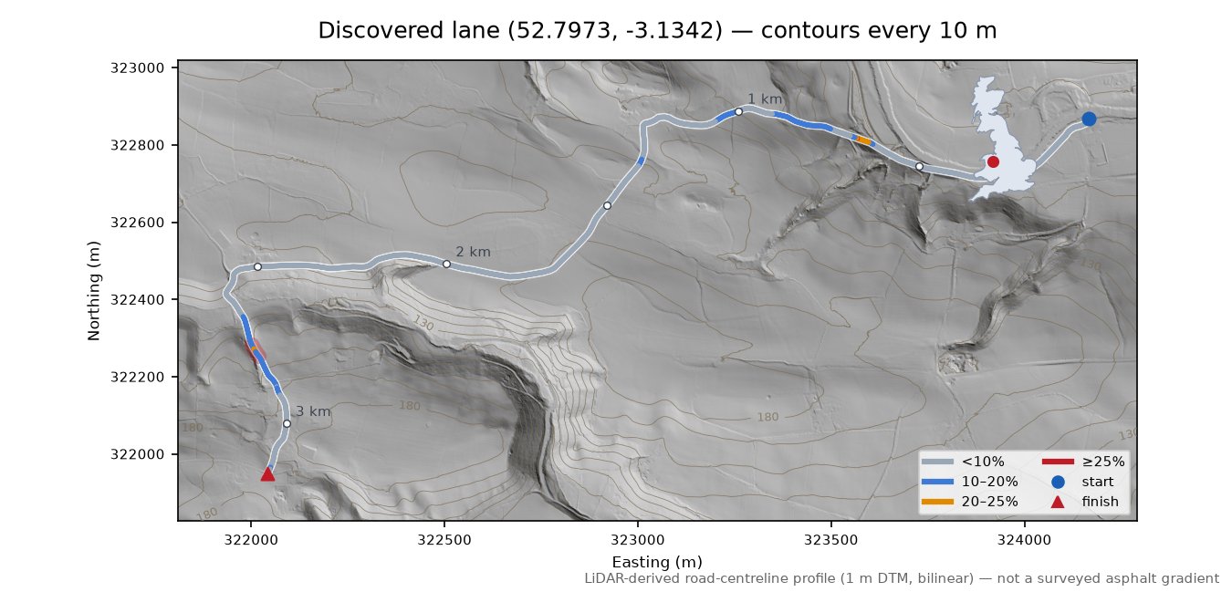 Discovered lane (52.7973, -3.1342) LiDAR hillshade map with contours