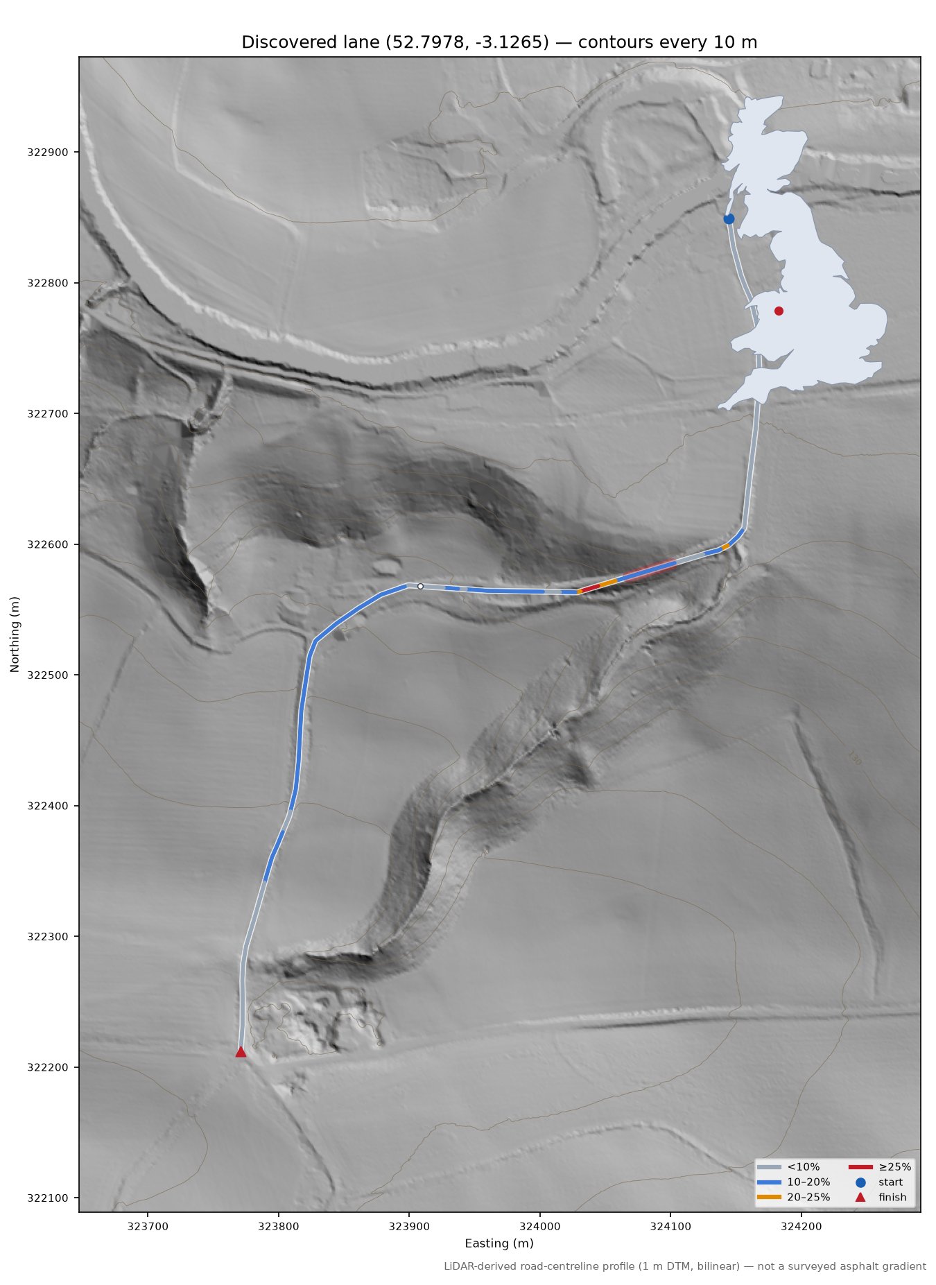 Discovered lane (52.7978, -3.1265) LiDAR hillshade map with contours
