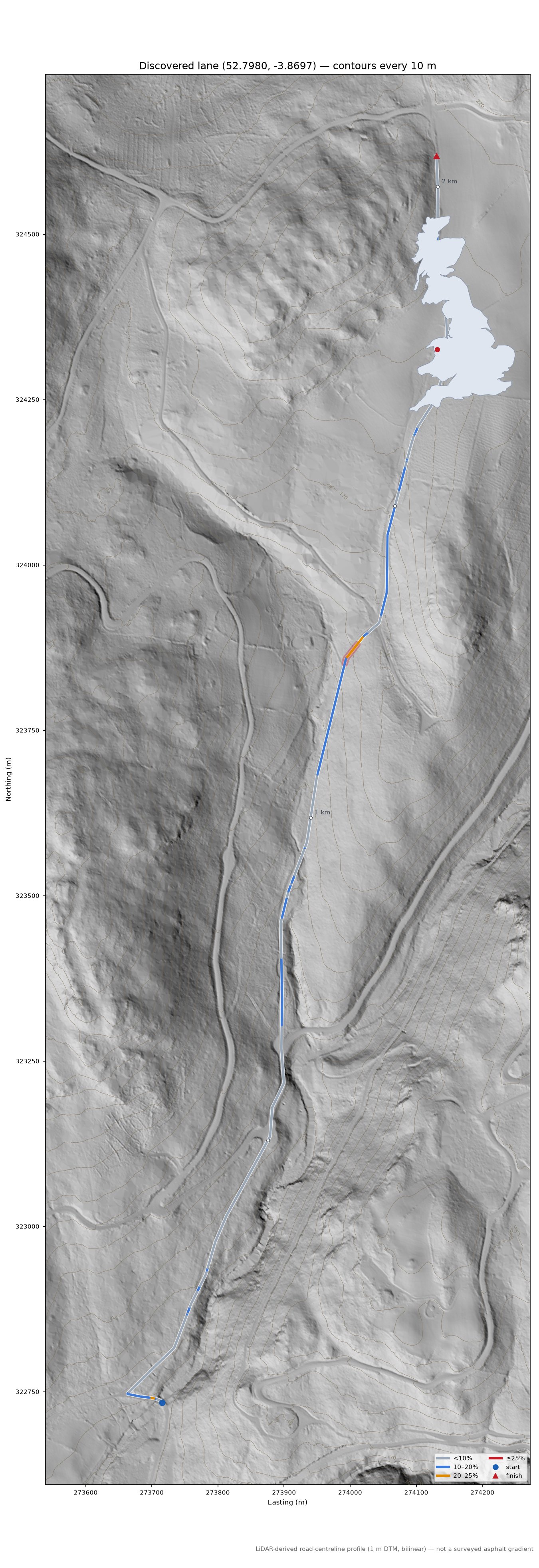 Discovered lane (52.7980, -3.8697) LiDAR hillshade map with contours