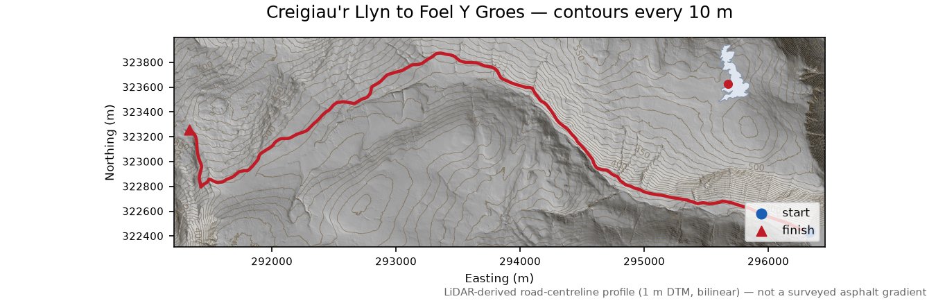 Creigiau'r Llyn to Foel Y Groes LiDAR hillshade map with contours