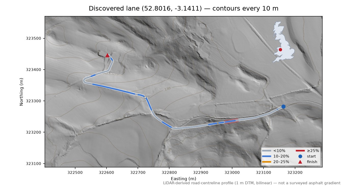 Discovered lane (52.8016, -3.1411) LiDAR hillshade map with contours