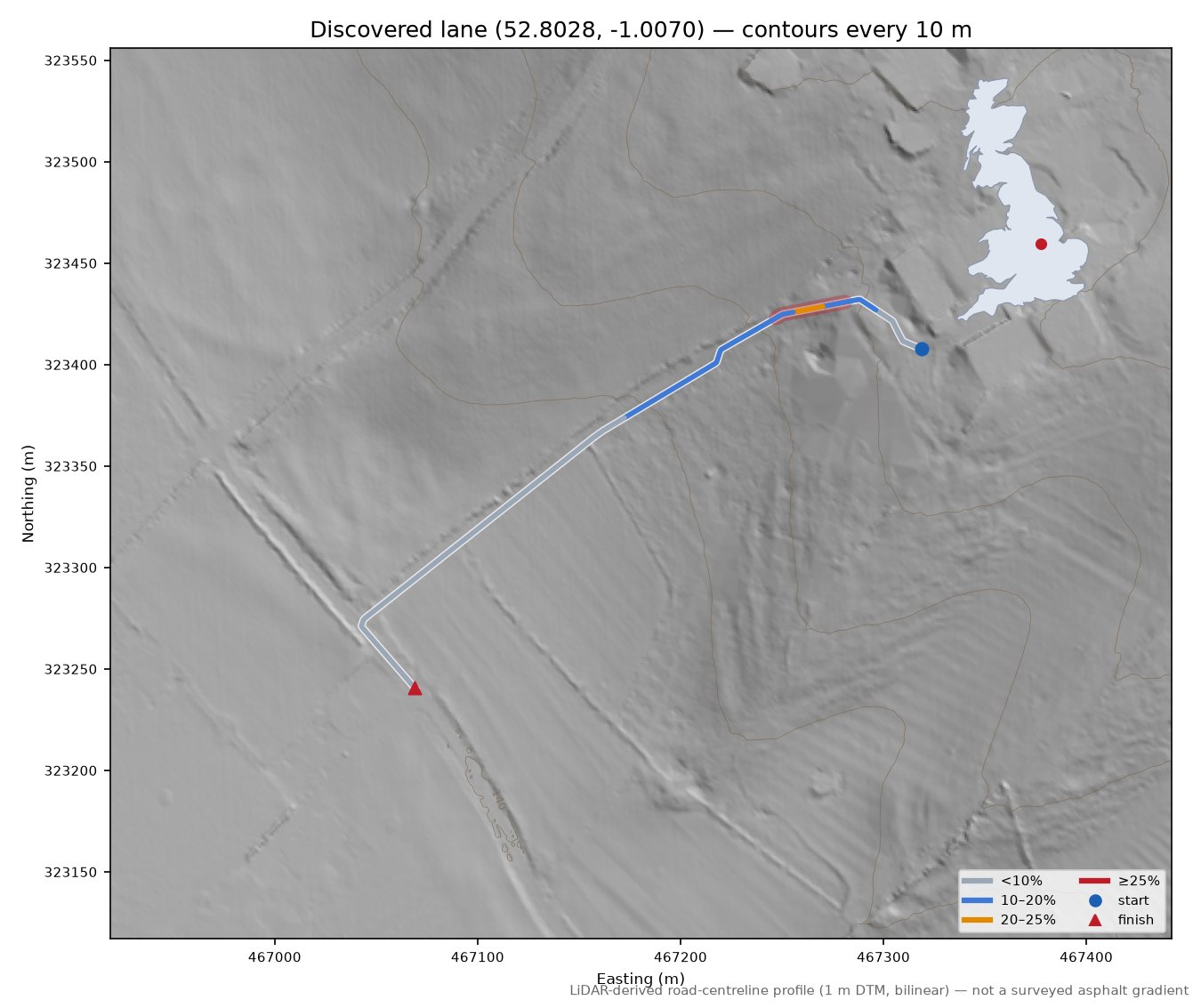 Discovered lane (52.8028, -1.0070) LiDAR hillshade map with contours
