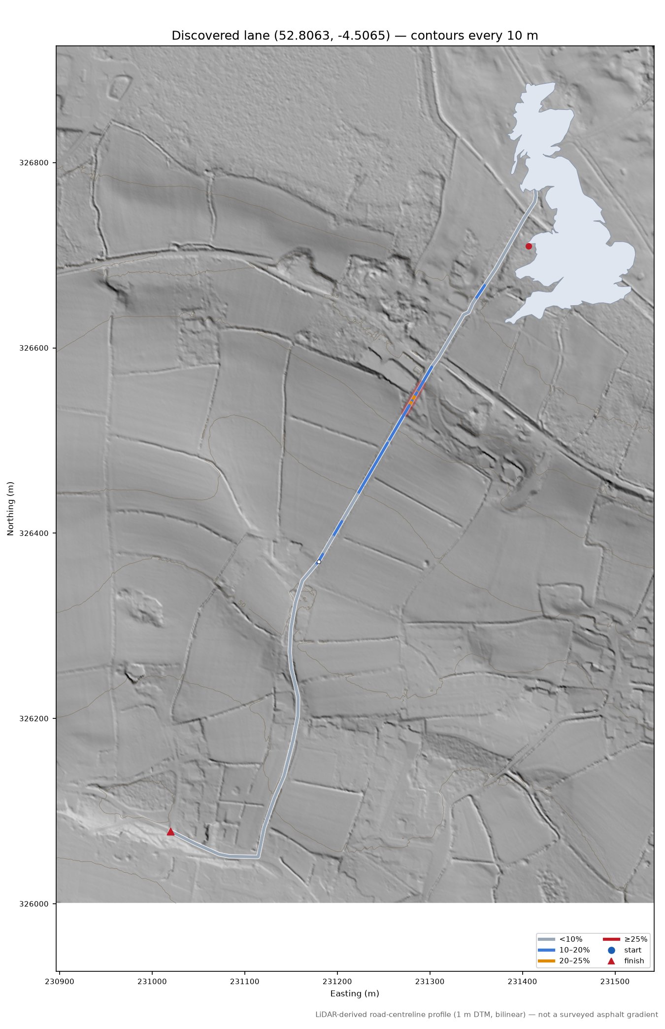 Discovered lane (52.8063, -4.5065) LiDAR hillshade map with contours