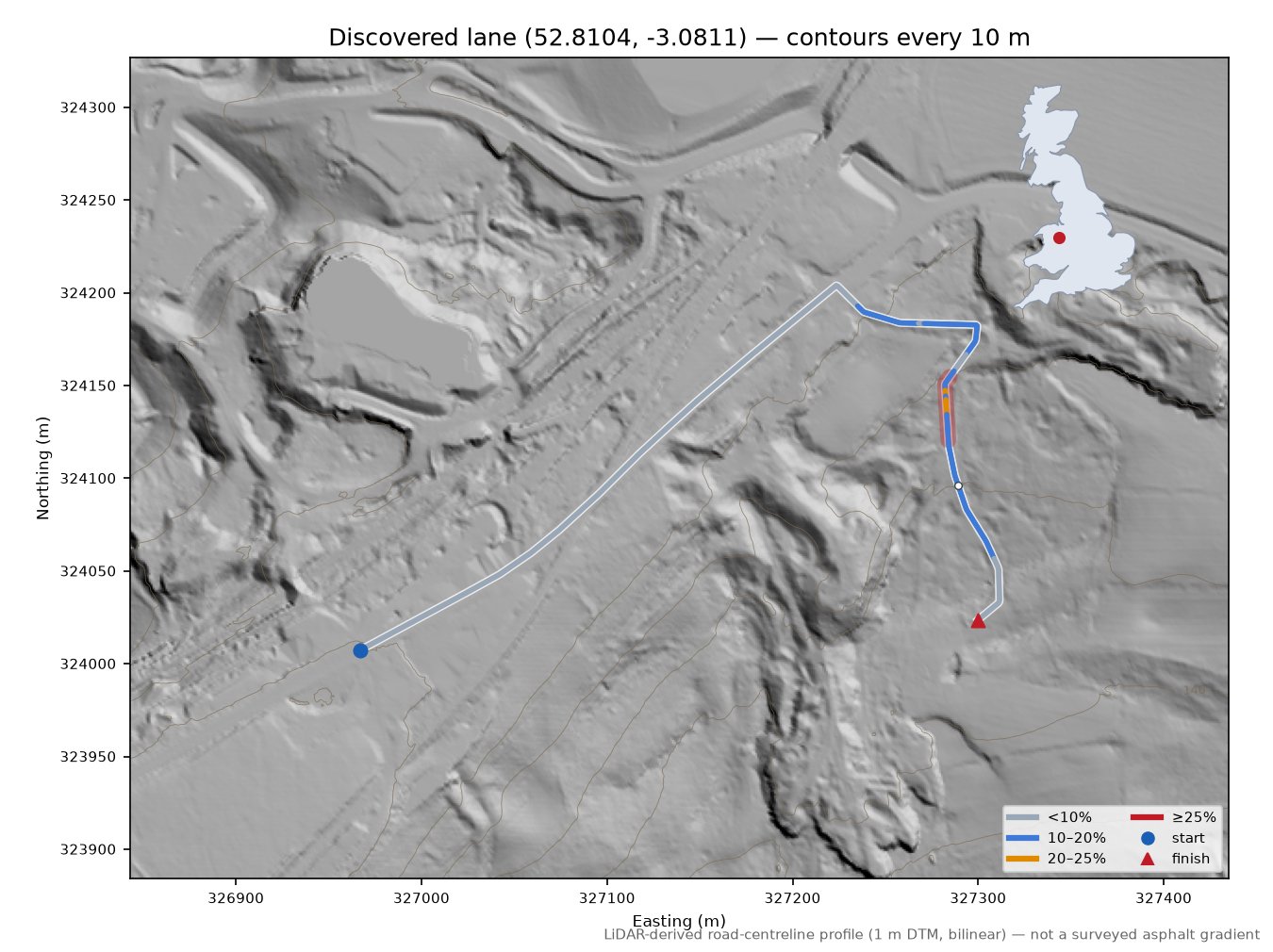 Discovered lane (52.8104, -3.0811) LiDAR hillshade map with contours