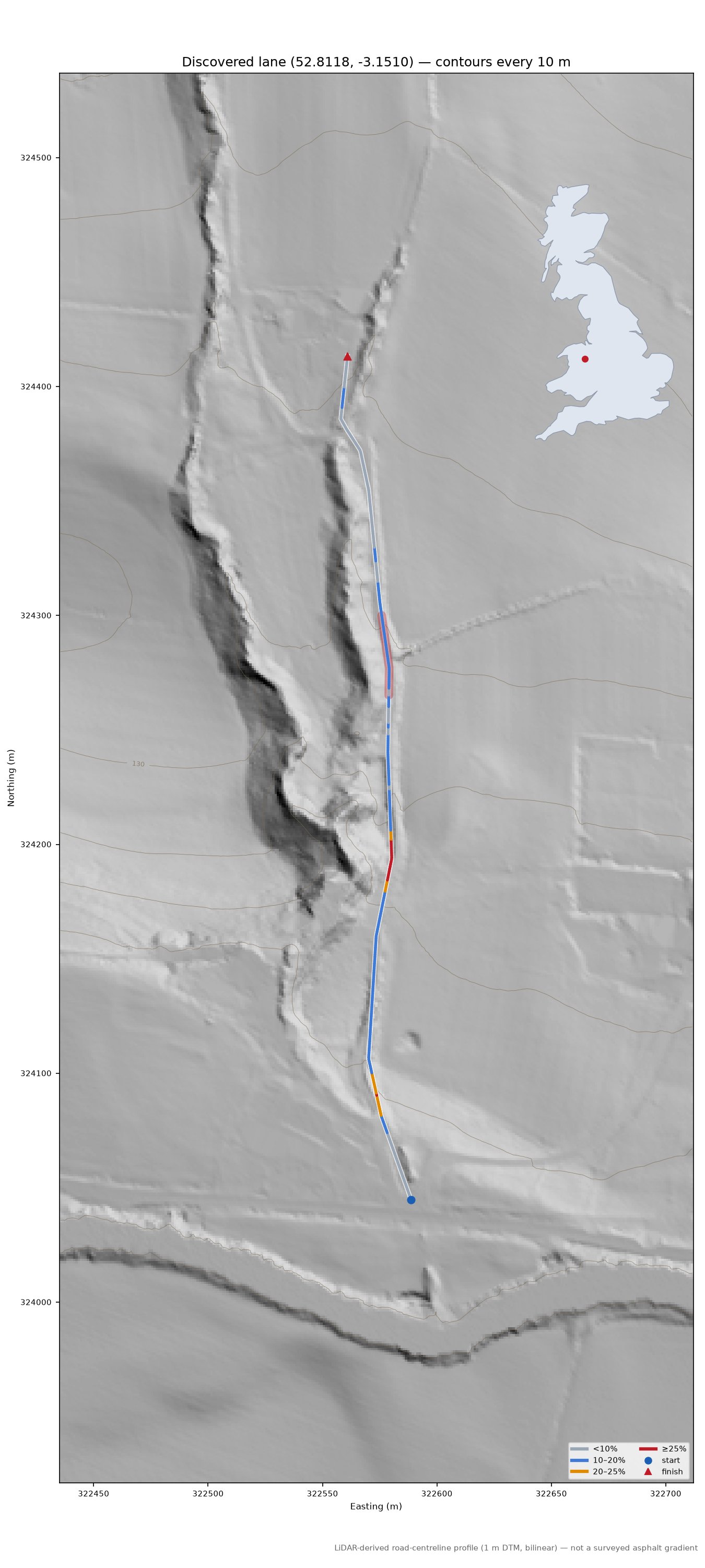Discovered lane (52.8118, -3.1510) LiDAR hillshade map with contours