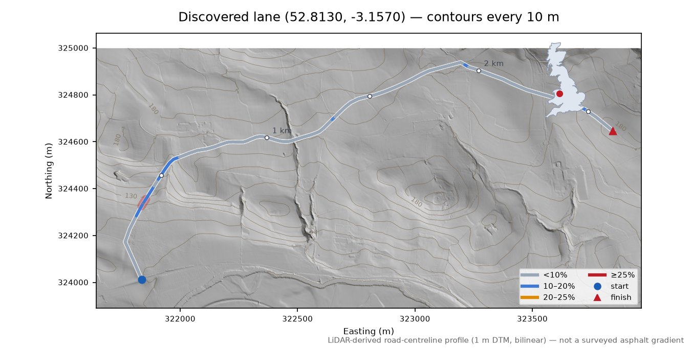Discovered lane (52.8130, -3.1570) LiDAR hillshade map with contours