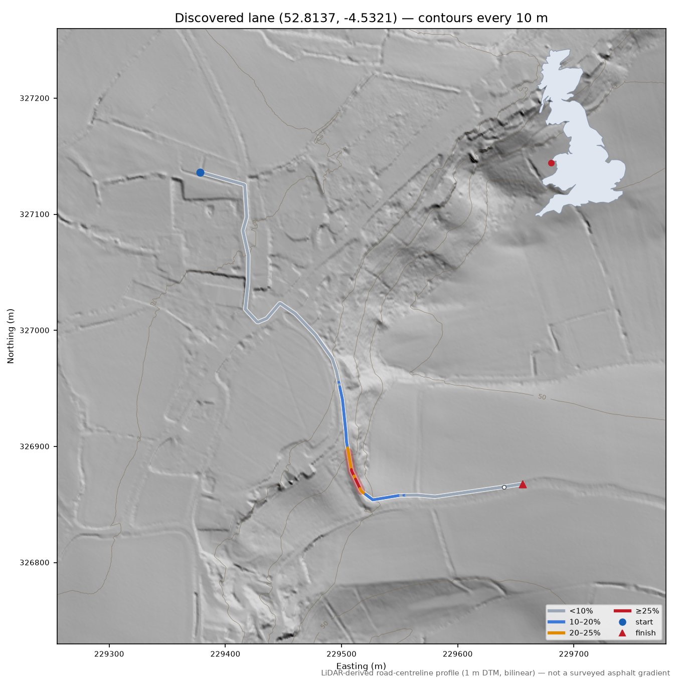 Discovered lane (52.8137, -4.5321) LiDAR hillshade map with contours
