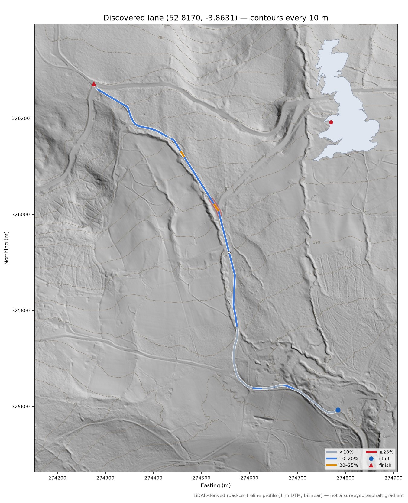 Discovered lane (52.8170, -3.8631) LiDAR hillshade map with contours