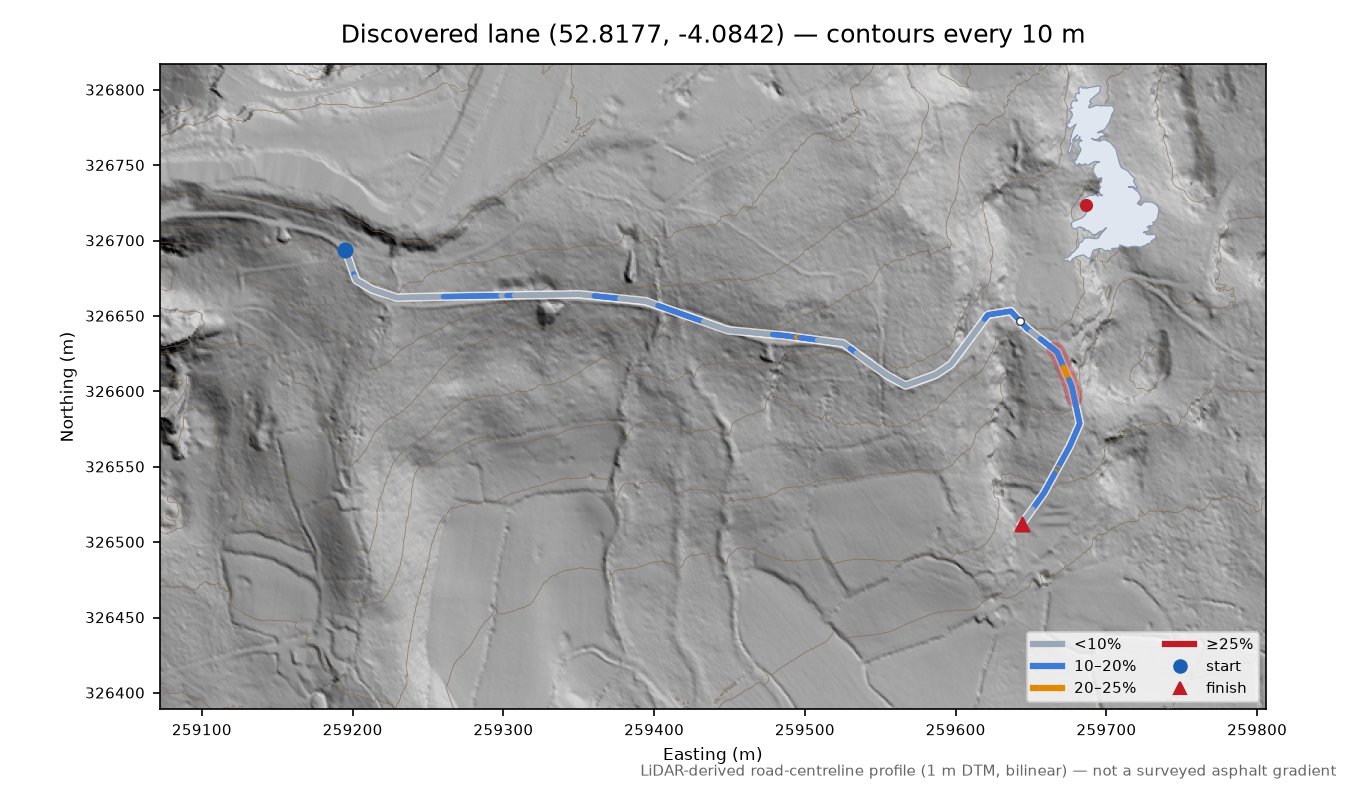 Discovered lane (52.8177, -4.0842) LiDAR hillshade map with contours