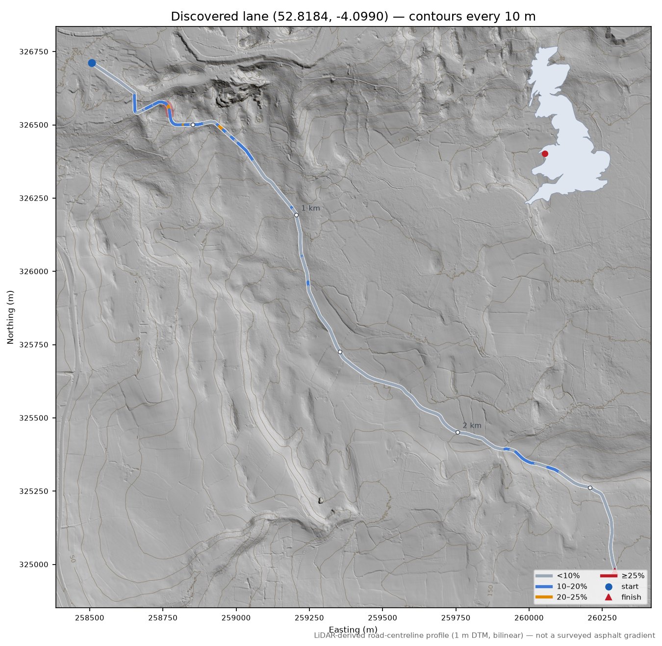 Discovered lane (52.8184, -4.0990) LiDAR hillshade map with contours