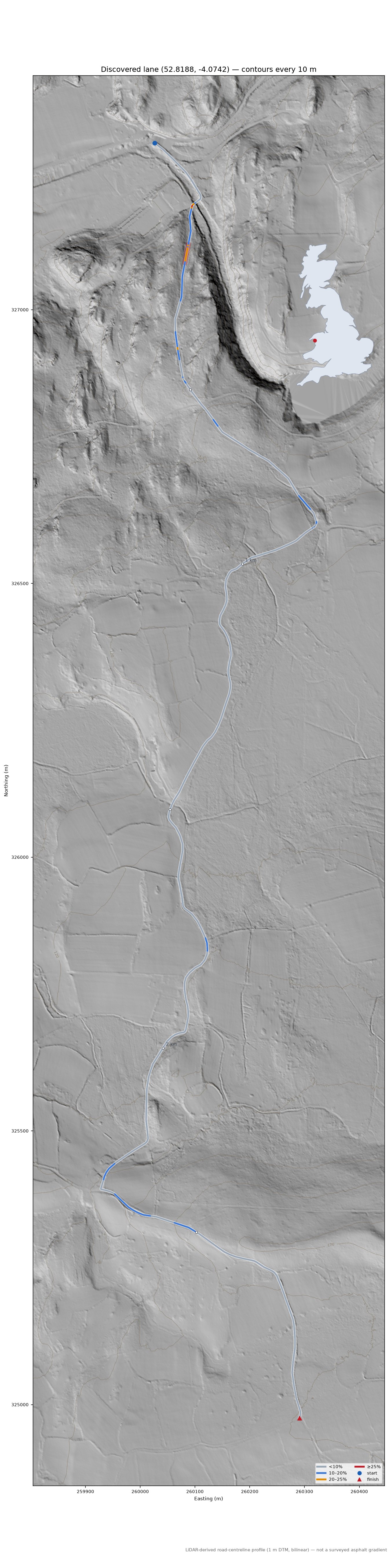 Discovered lane (52.8188, -4.0742) LiDAR hillshade map with contours