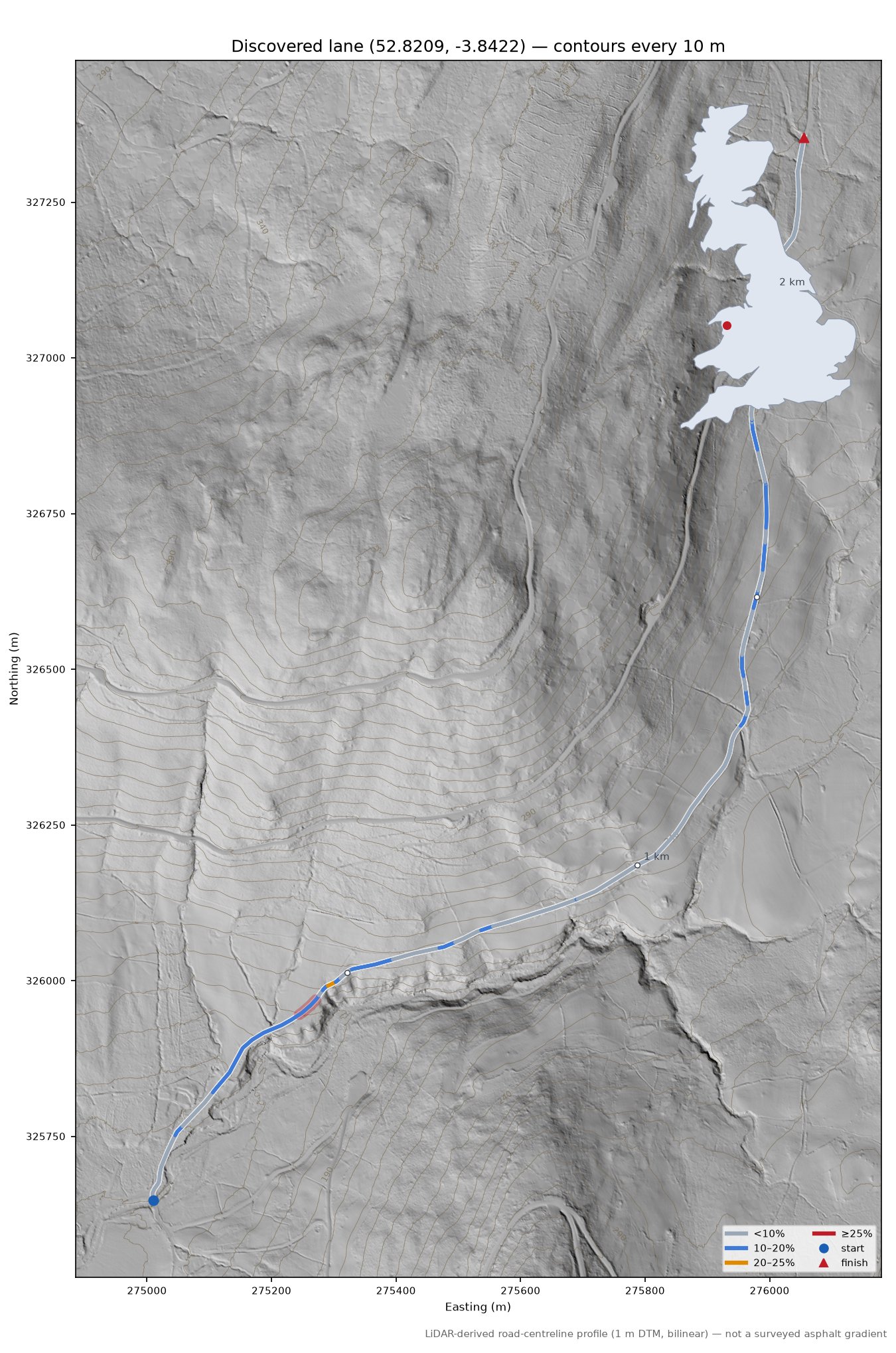 Discovered lane (52.8209, -3.8422) LiDAR hillshade map with contours