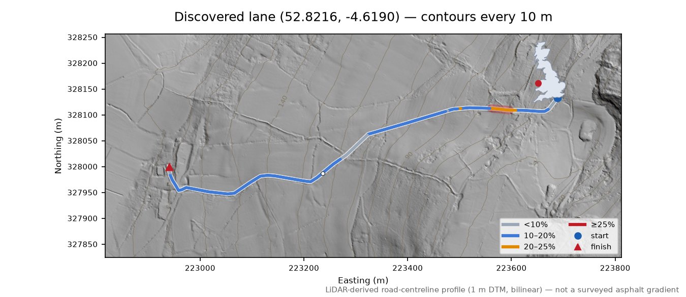 Discovered lane (52.8216, -4.6190) LiDAR hillshade map with contours