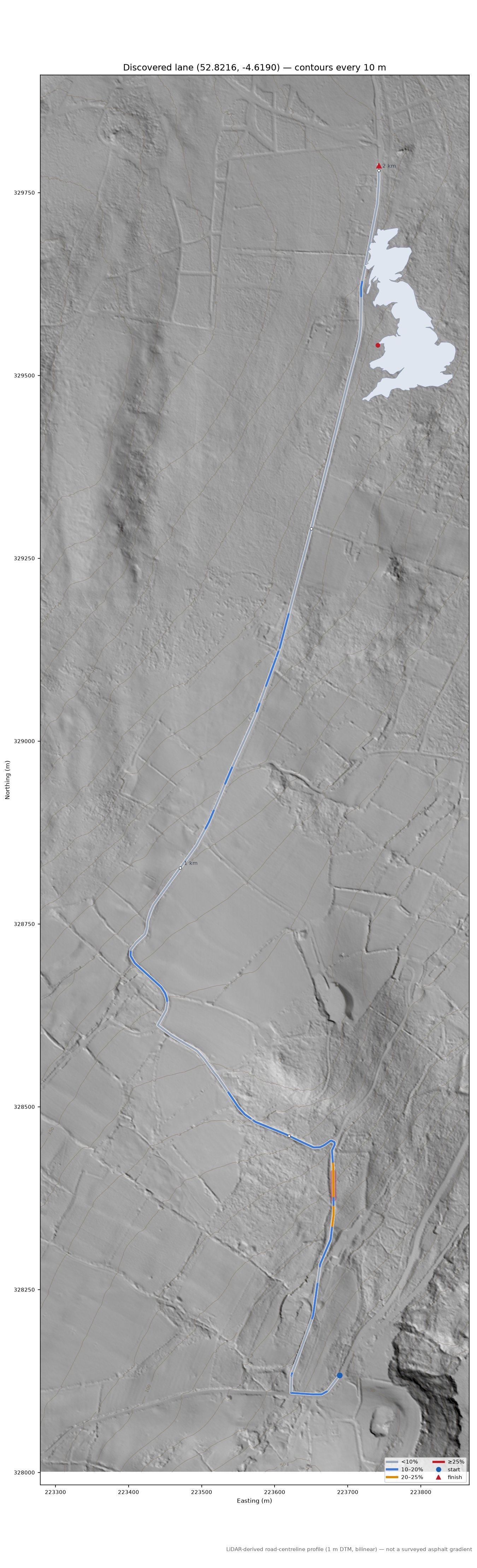Discovered lane (52.8216, -4.6190) LiDAR hillshade map with contours
