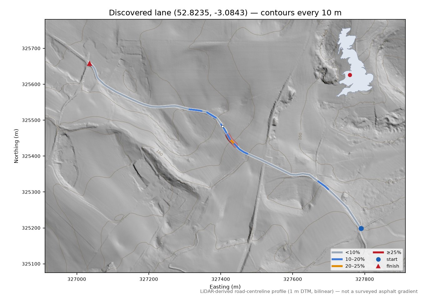 Discovered lane (52.8235, -3.0843) LiDAR hillshade map with contours