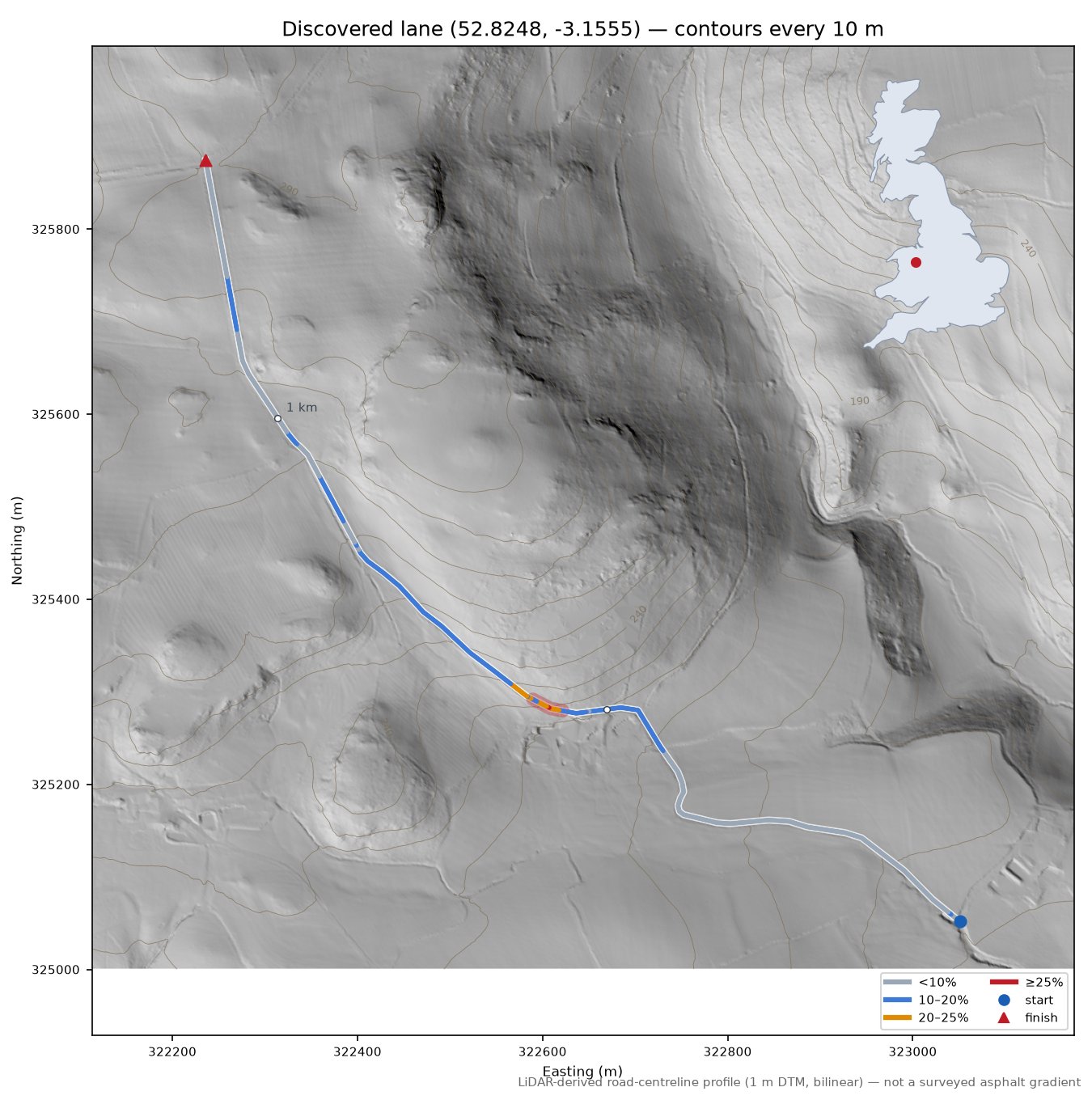 Discovered lane (52.8248, -3.1555) LiDAR hillshade map with contours