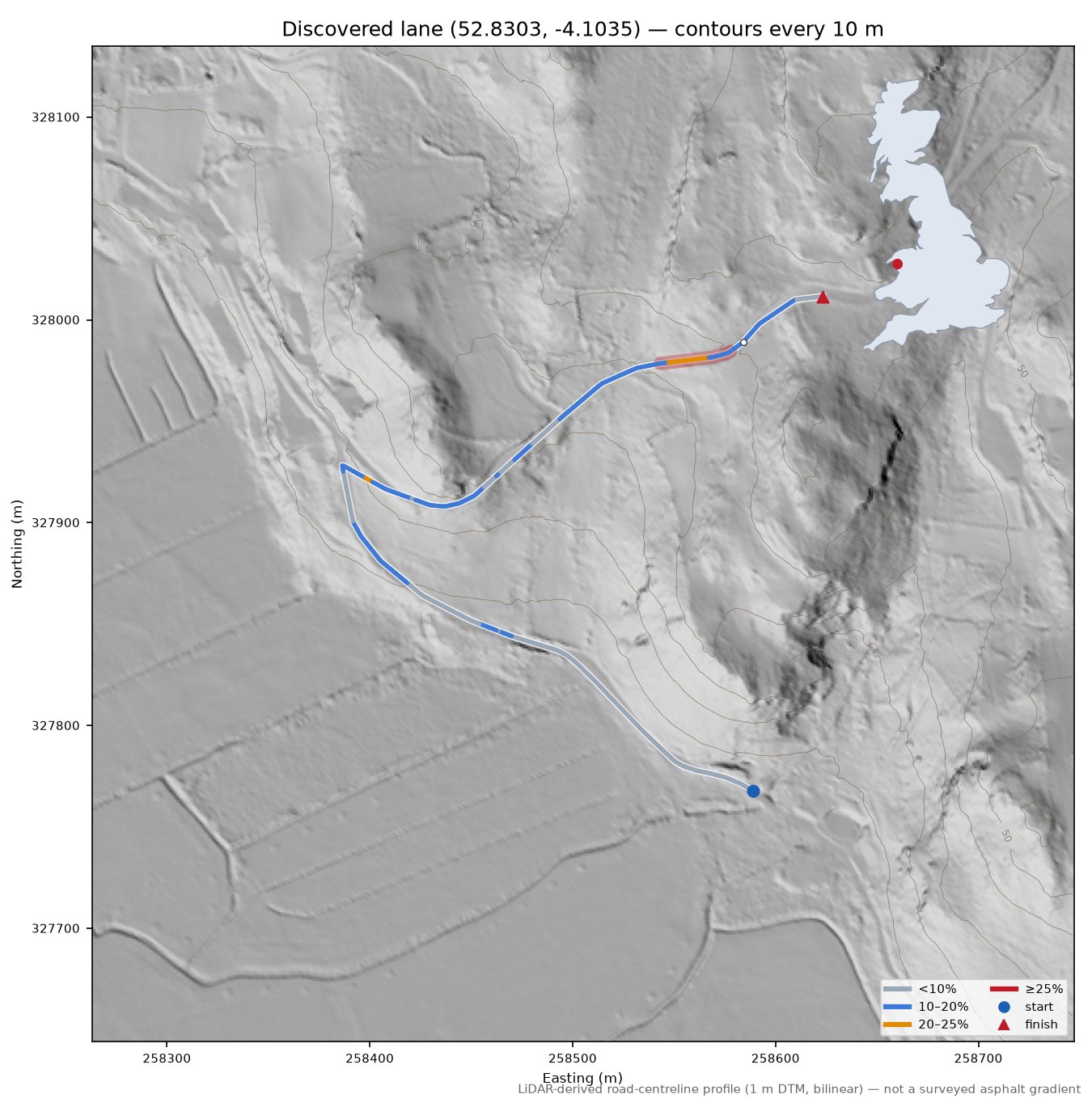 Discovered lane (52.8303, -4.1035) LiDAR hillshade map with contours