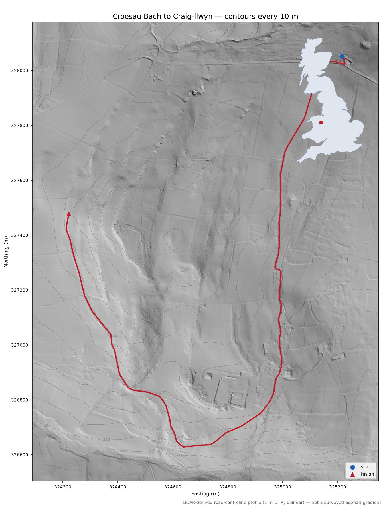 Croesau Bach to Craig-llwyn LiDAR hillshade map with contours