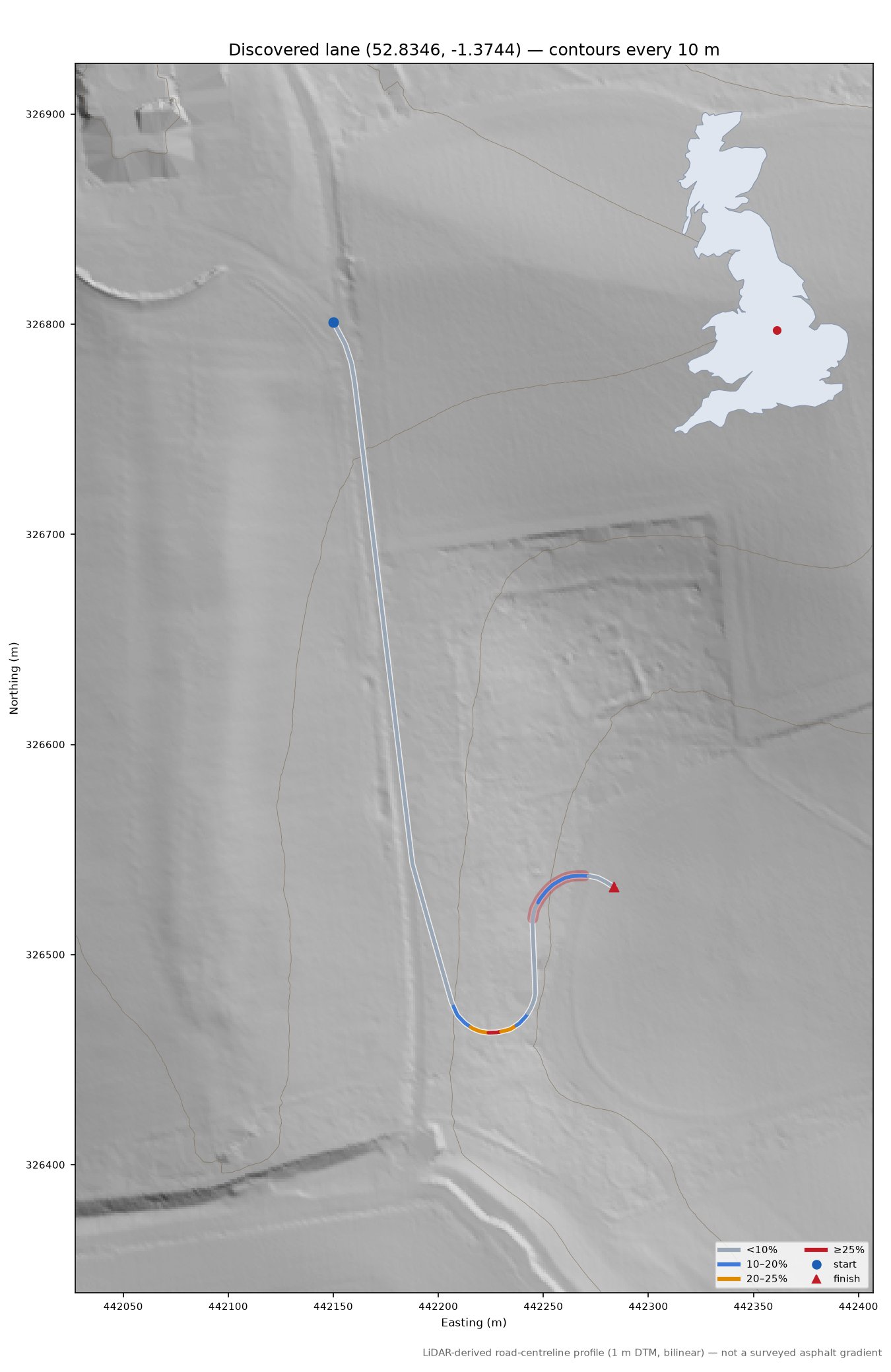 Discovered lane (52.8346, -1.3744) LiDAR hillshade map with contours