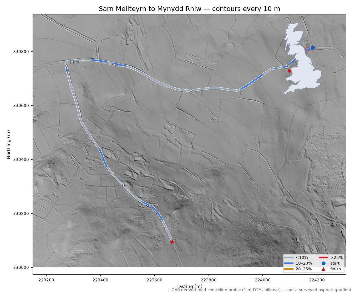 Sarn Mellteyrn to Mynydd Rhiw LiDAR hillshade map with contours