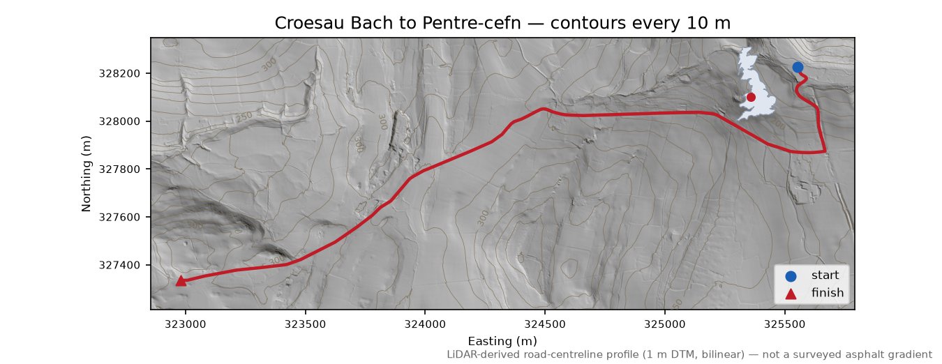 Croesau Bach to Pentre-cefn LiDAR hillshade map with contours