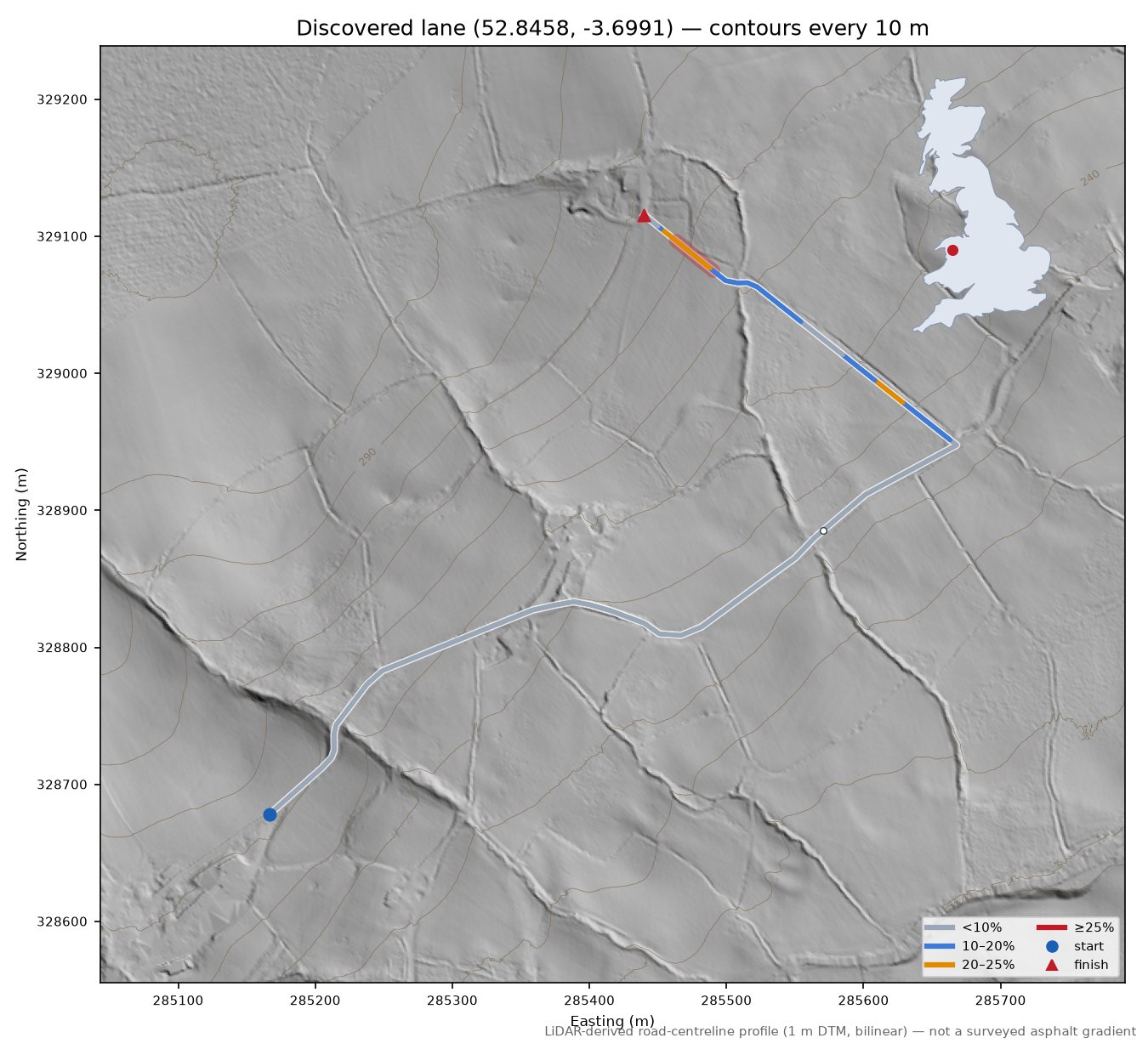 Discovered lane (52.8458, -3.6991) LiDAR hillshade map with contours