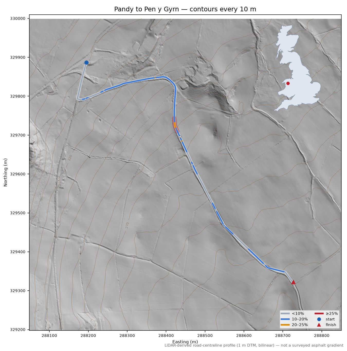 Pandy to Pen y Gyrn LiDAR hillshade map with contours