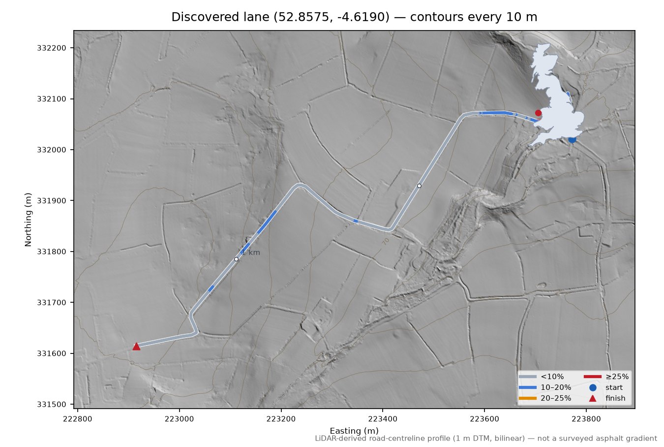 Discovered lane (52.8575, -4.6190) LiDAR hillshade map with contours