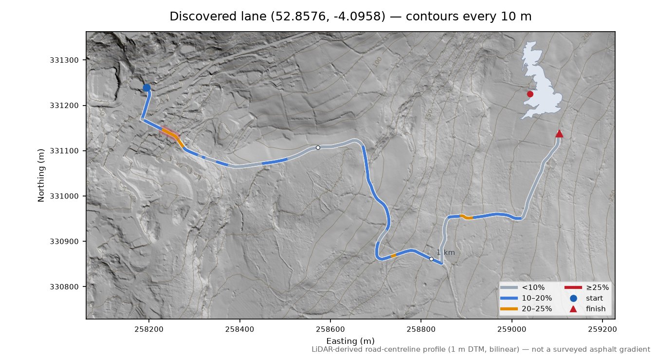 Discovered lane (52.8576, -4.0958) LiDAR hillshade map with contours