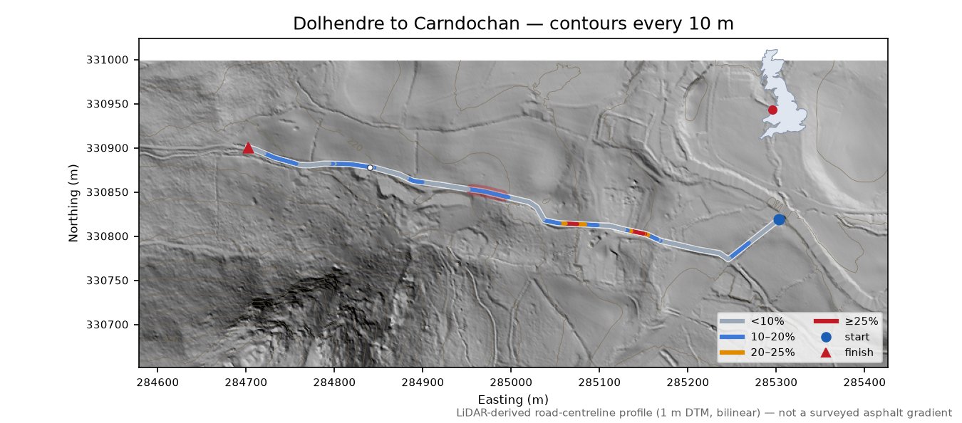 Dolhendre to Carndochan LiDAR hillshade map with contours