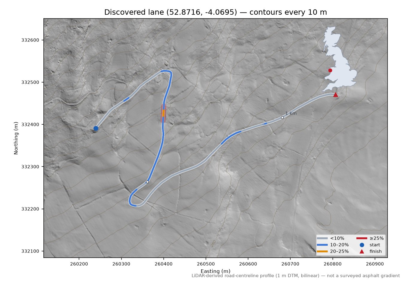 Discovered lane (52.8716, -4.0695) LiDAR hillshade map with contours