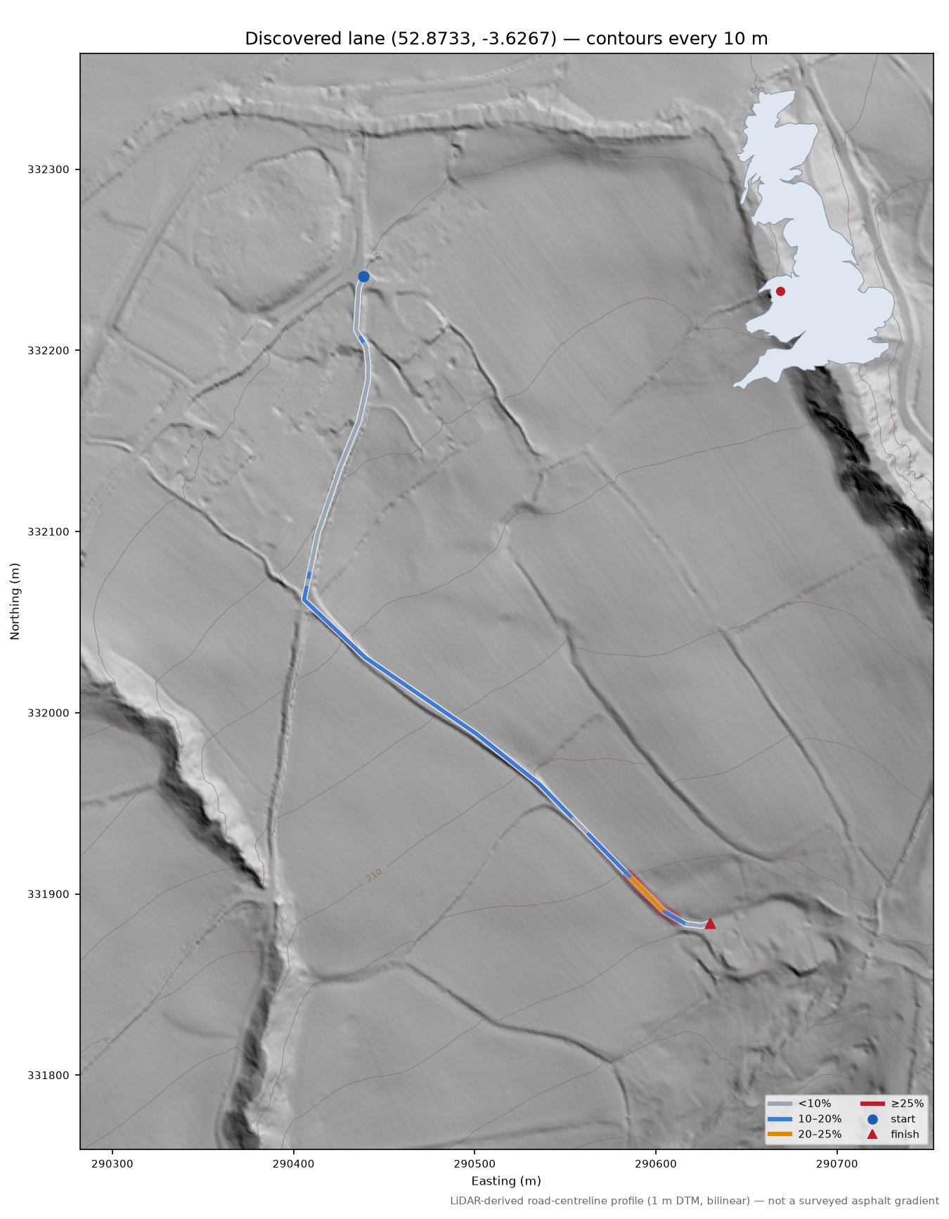 Discovered lane (52.8733, -3.6267) LiDAR hillshade map with contours