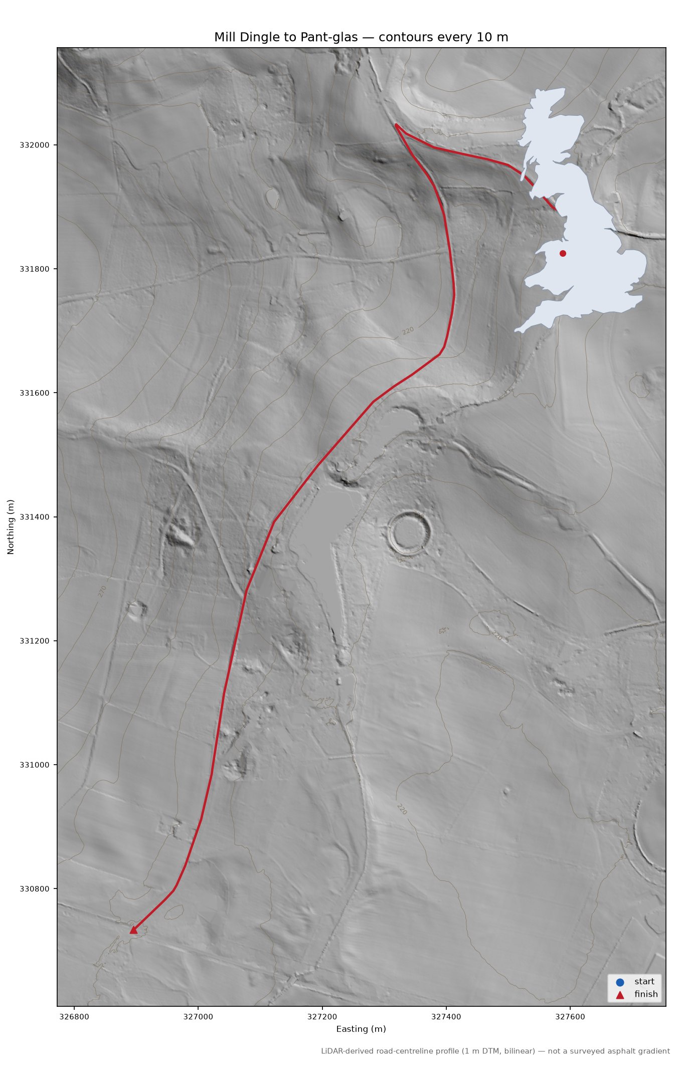 Mill Dingle to Pant-glas LiDAR hillshade map with contours