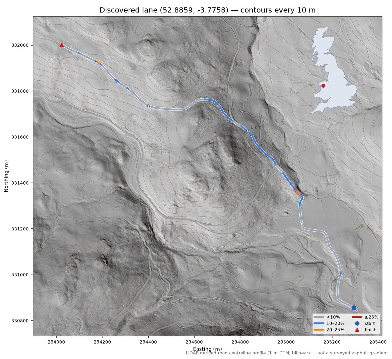 Discovered lane (52.8859, -3.7758) LiDAR hillshade map with contours
