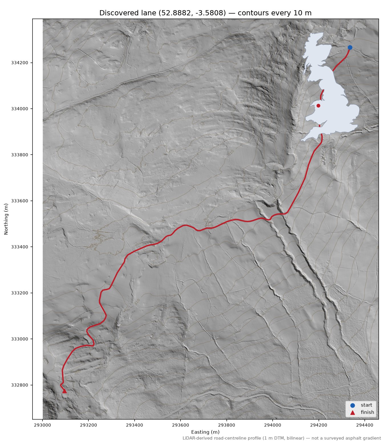 Rhos-y-gwaliau to Is-Afon LiDAR hillshade map with contours