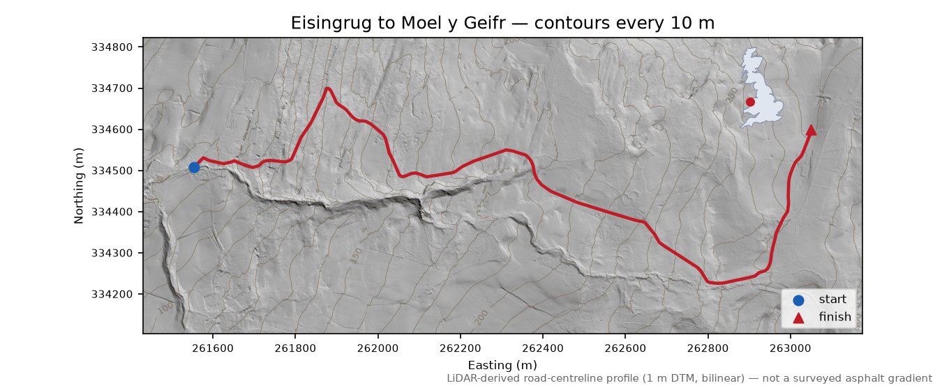 Eisingrug to Moel y Geifr LiDAR hillshade map with contours