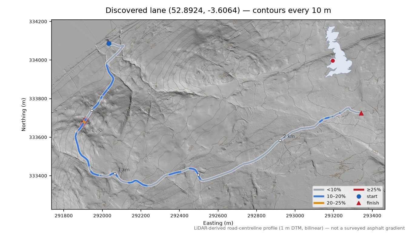 Discovered lane (52.8924, -3.6064) LiDAR hillshade map with contours