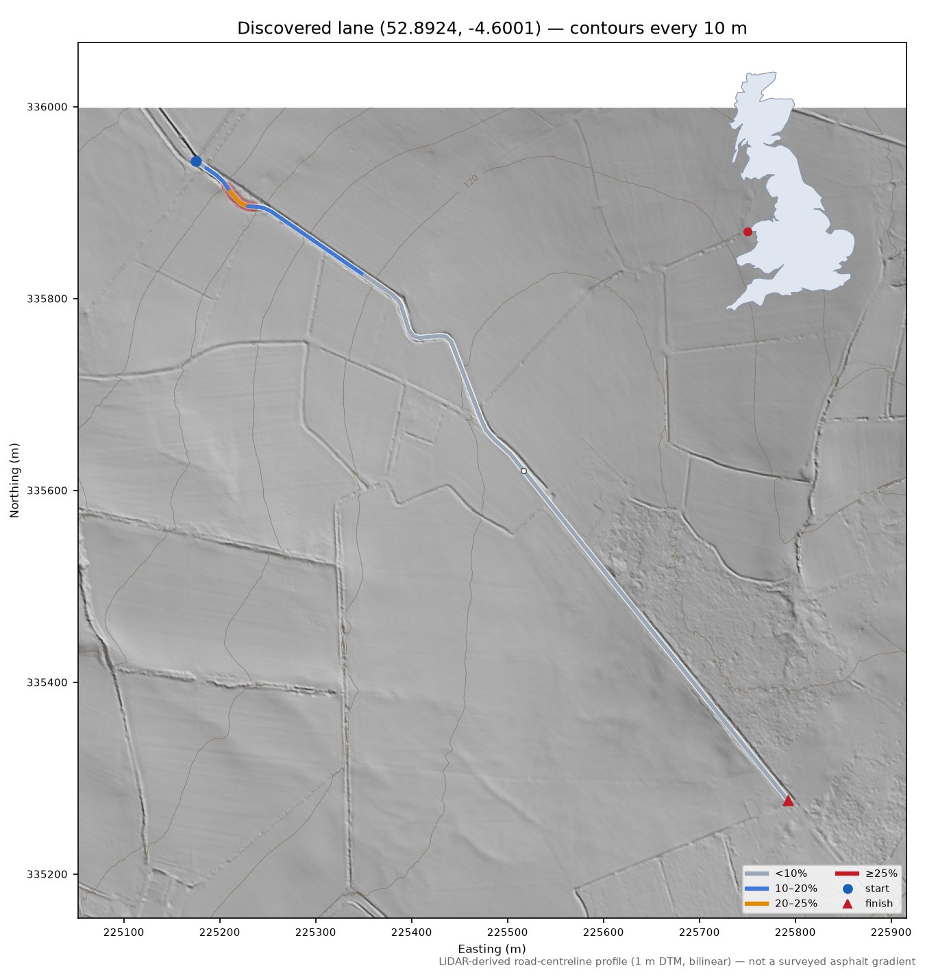 Discovered lane (52.8924, -4.6001) LiDAR hillshade map with contours