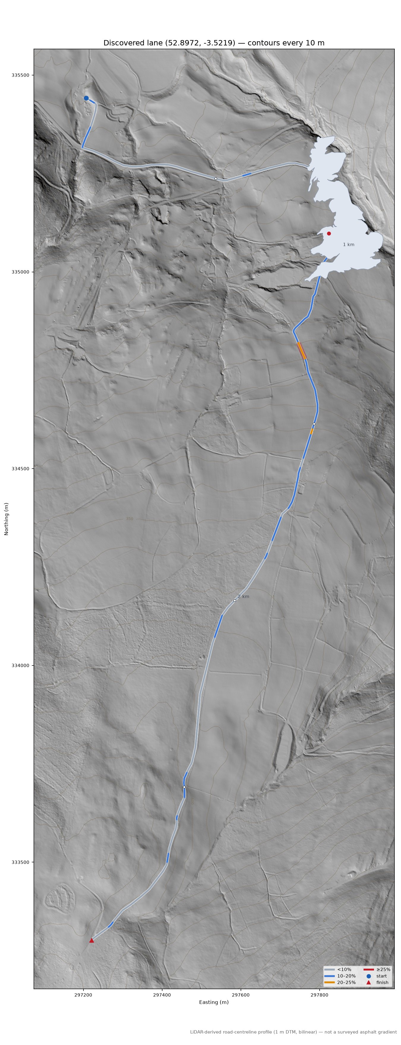 Discovered lane (52.8972, -3.5219) LiDAR hillshade map with contours