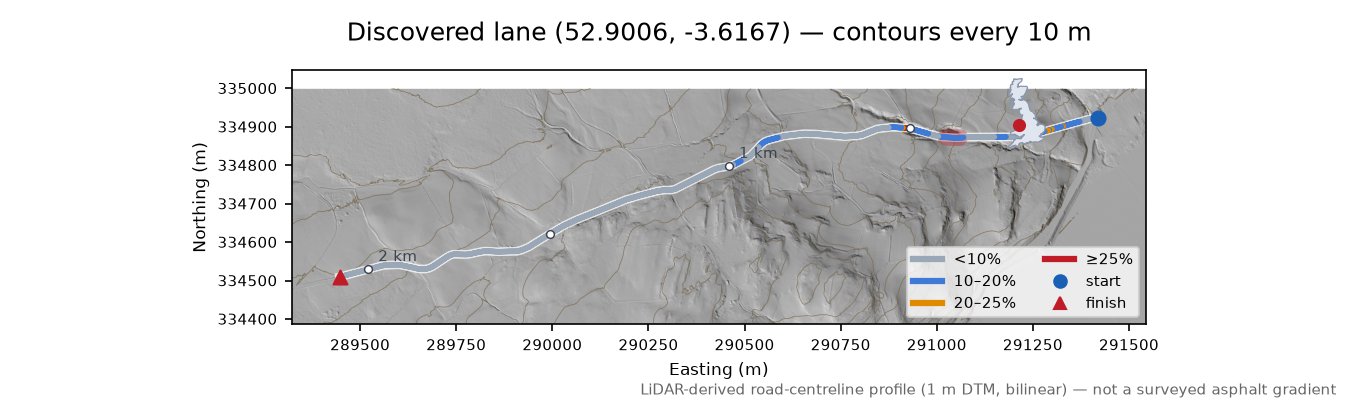 Discovered lane (52.9006, -3.6167) LiDAR hillshade map with contours